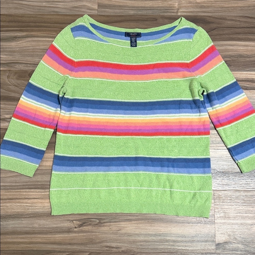Chaps Denim Women’s XL Linen Blend Knit Sweater Green Blue Stripe 3/4 Sleeve